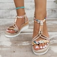 thumbnail image 2 of Modisza Boho Wedge Sandals for Women Open Toe Platform Slip on with Beads Elastic Ankle Strap Summer Dressy Beach Walking Shoes Beige 6, 2 of 7
