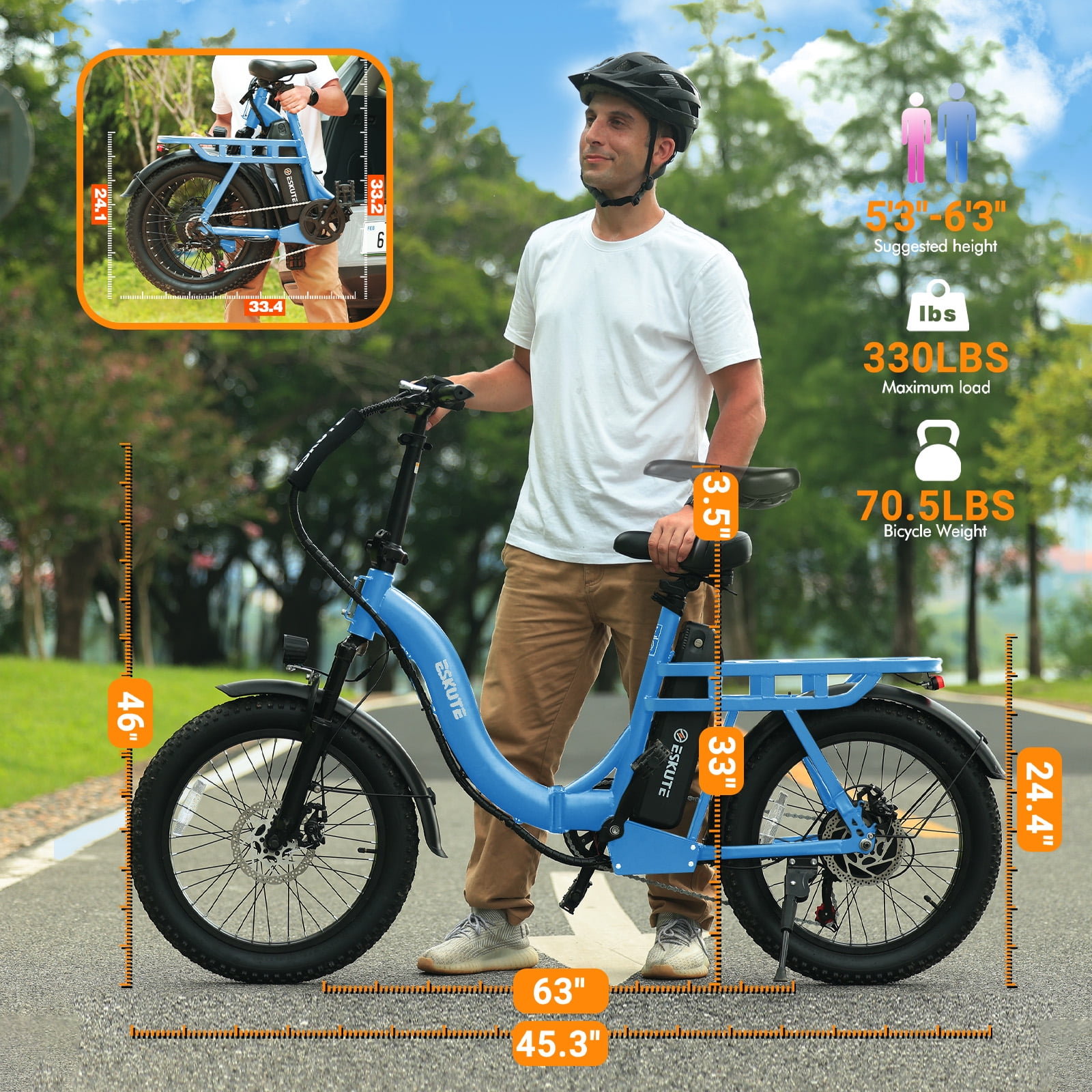 ESKUTE Blue Electric Bike for Adults – 1200W Peak Motor, Folding 20x3 Fat Tire E‑Bike, 500W Motor 48V 10.4Ah Battery, Step‑Through Cargo Fold Ebike, NFC Unlock, 19.5 MPH, 7‑Speed, Up to 55 Miles