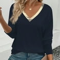 thumbnail image 5 of WHLBF Tops for Women Long Sleeve Fall Winter Classic Solid Color Gold V-neck Pullover T-shirt Navy S, 5 of 6