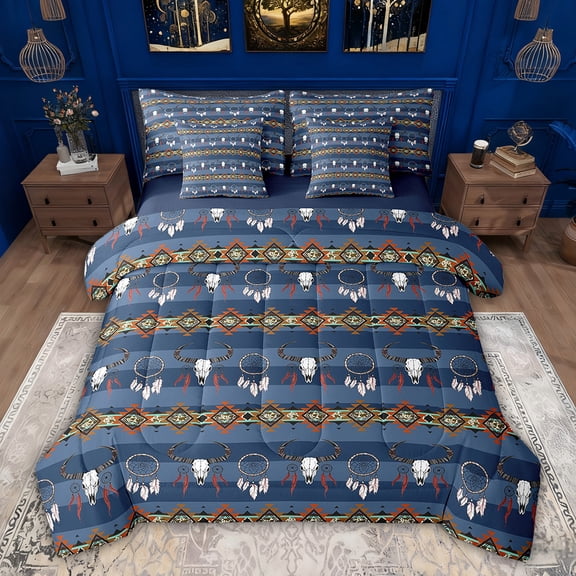 Feelyou Blue Hippie Aztec Bedding Comforter Set 7pcs for Women, Tribal Sheep Skeleton Queen Bedding Sets, Vintage Boho Dreamcatcher Reversible Queen Sheet Sets, Ultra Soft Bedroom Decor