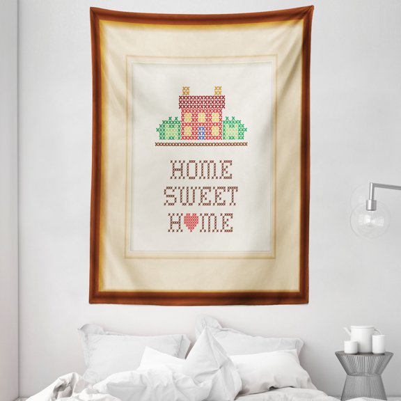 Quote Tapestry, Home Sweet Home Message with Hand Drawn Stich Design House in a Wooden Frame Print, Wall Hanging for Bedroom Living Room Dorm Decor, 60W X 80L Inches, Multicolor, by Ambesonne