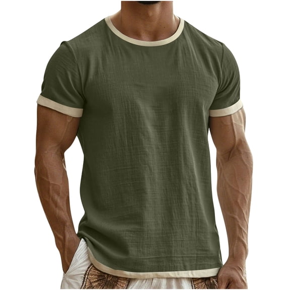 GUZOM Mens Ringer T-Shirt Cotton Linen Blend, Olive Green Vintage Style Breathable Casual Short Sleeve Tee,Size L