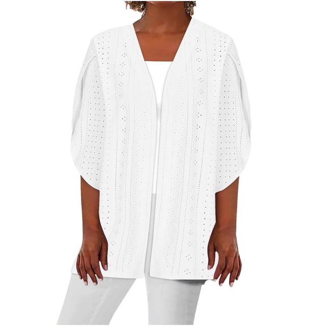 Timegard Cardigan for Women Eyelet Petal 1/2 Sleeve Front Open Solid Color Fall Casual Loose Jackets