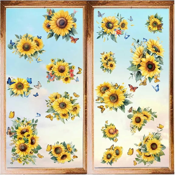 1Set 8 Sheets Sunflower Green Leaves Window Stickers Self Adhesive Colorful Butterfly Spring Clings Wall Decals Peel and Stick PVC Waterproof Decor for Bedroom Nursery Living Room Bath Dorm