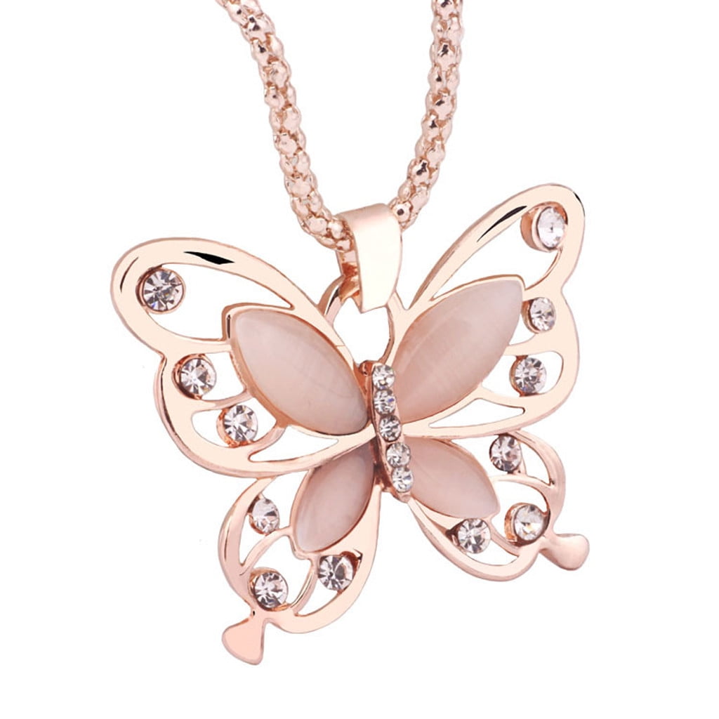 Women Fashion Rose Gold Opal Butterfly Charm Pendant Long Chain Necklace Jewelry 