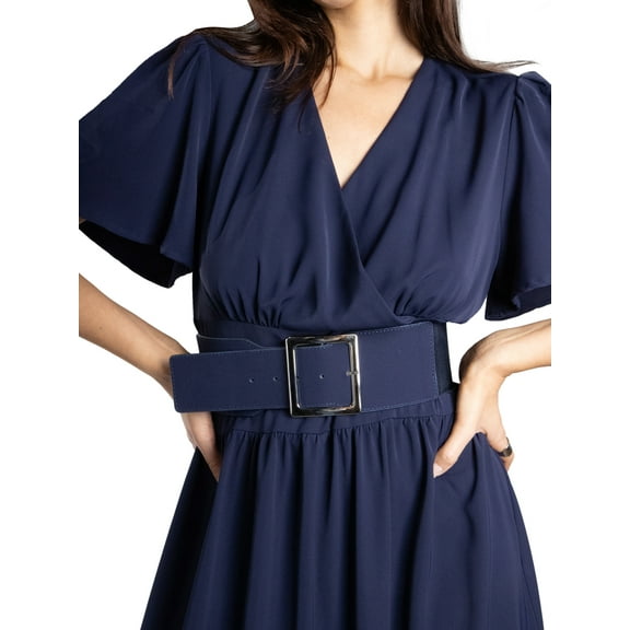 Jess by Meiko Women's Dress V Neck Flutter Sleeve Statement Buckle Waistband Midi Dress XS Navy