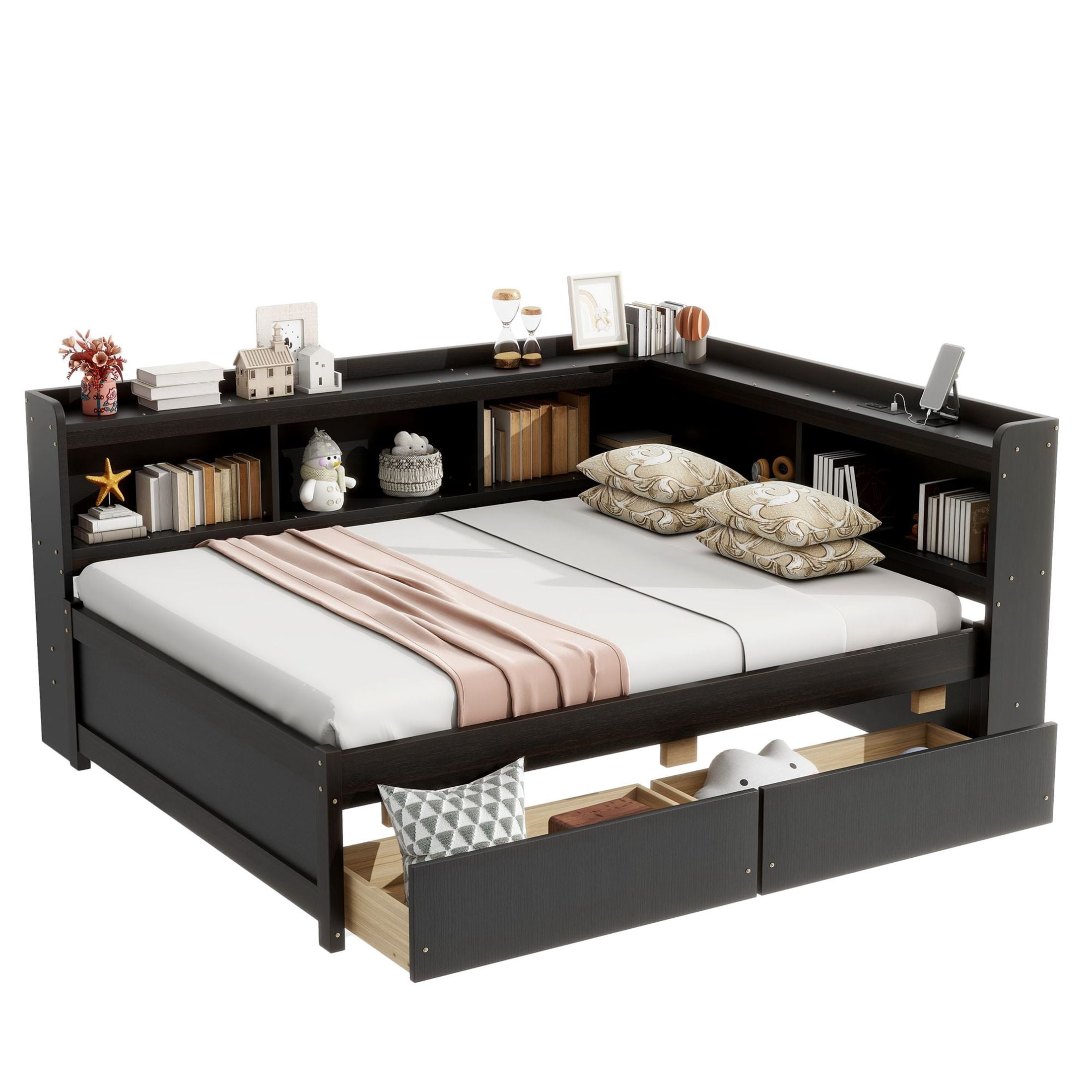 Noble House Full L-Shaped Bookcase Bed, Pine Wood Frame with Power Outlets, Storage Drawers & Headboard Shelves, Espresso