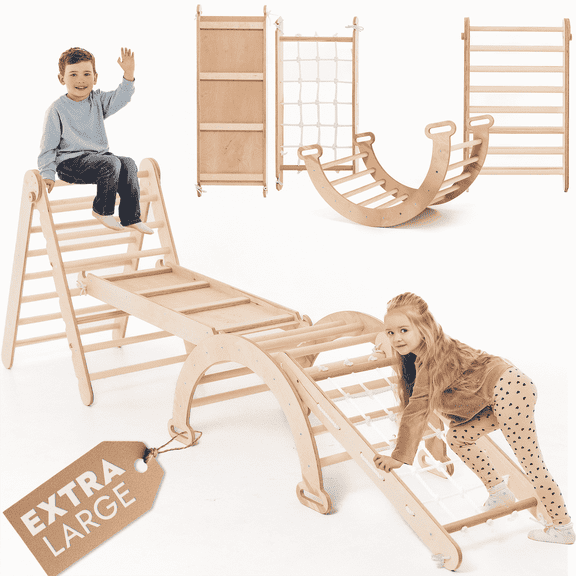Goodevas 4-in-1 Wooden Montessori Indoor Climbing Frame with Triangle, Arch, Net & Ramp, Ages 1–5