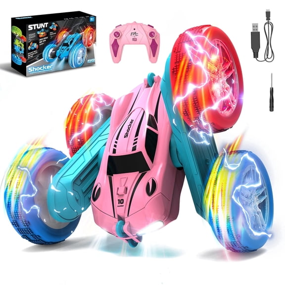 JoyStone Remote Control Car, 4WD 2.4Ghz Rechargeable RC Stunt Car with Double Sided 360 Flips and Headlights Wheel Lights, Off-Road Stunt Toy Cars Gift for Boys Girls (Pink)