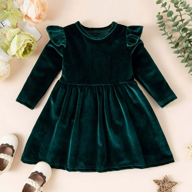 CHUANK Robe en Velours pour Bébé Fille Manches Longues à Volants Ligne A Décontractée Princesse Fête Automne Hiver