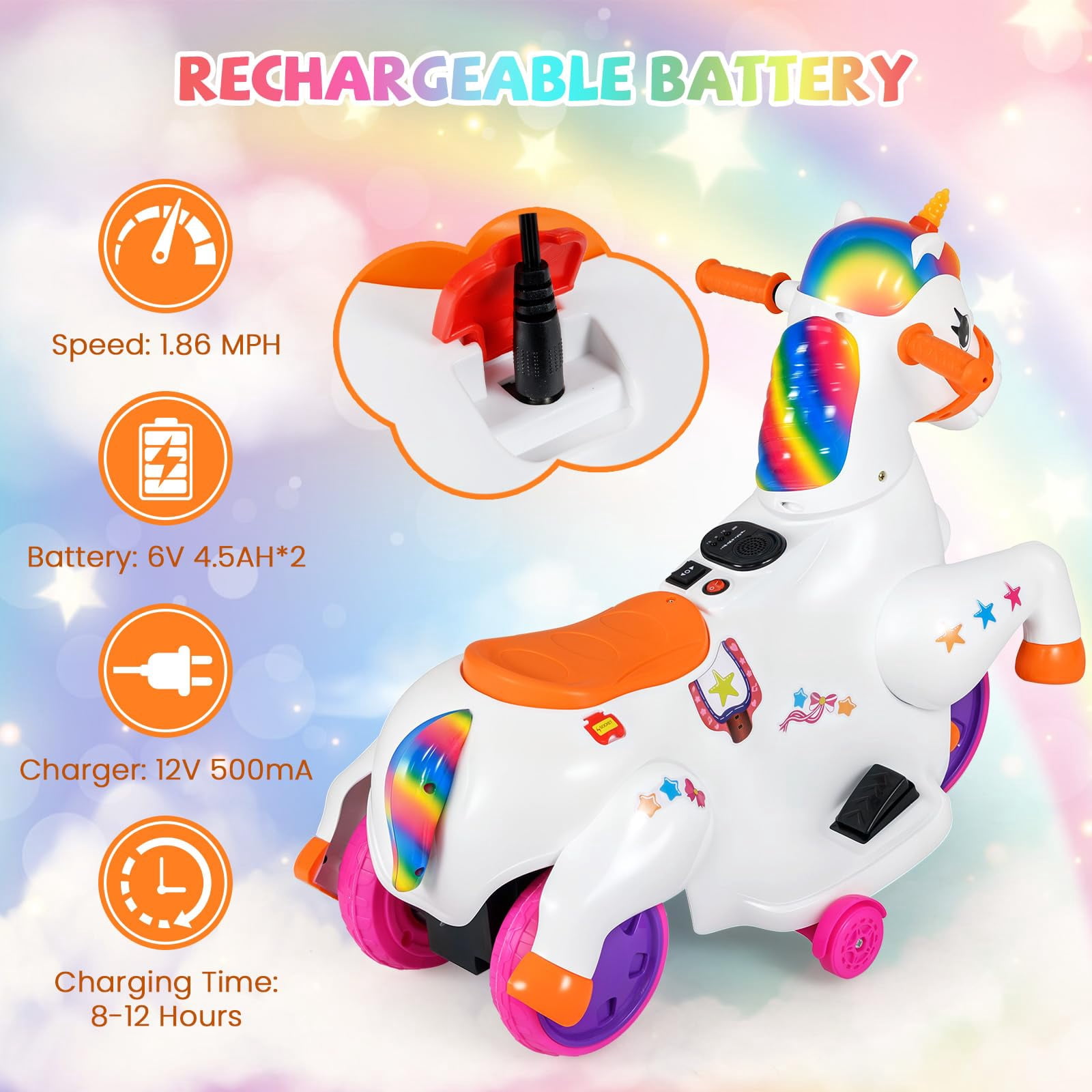 12V Unicorn Ride on Toys, 3-Wheeler Battery Powered Motorized Ride on Horse with Training Wheels, Rainbow Unicorn