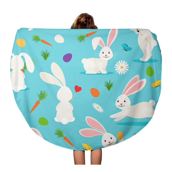 LADDKA 60 inch Round Beach Towel Blanket Blue Pattern Cute White Rabbit Bunny Easter Colorful Abstract Travel Circle Circular Towels Mat Tapestry Beach Throw