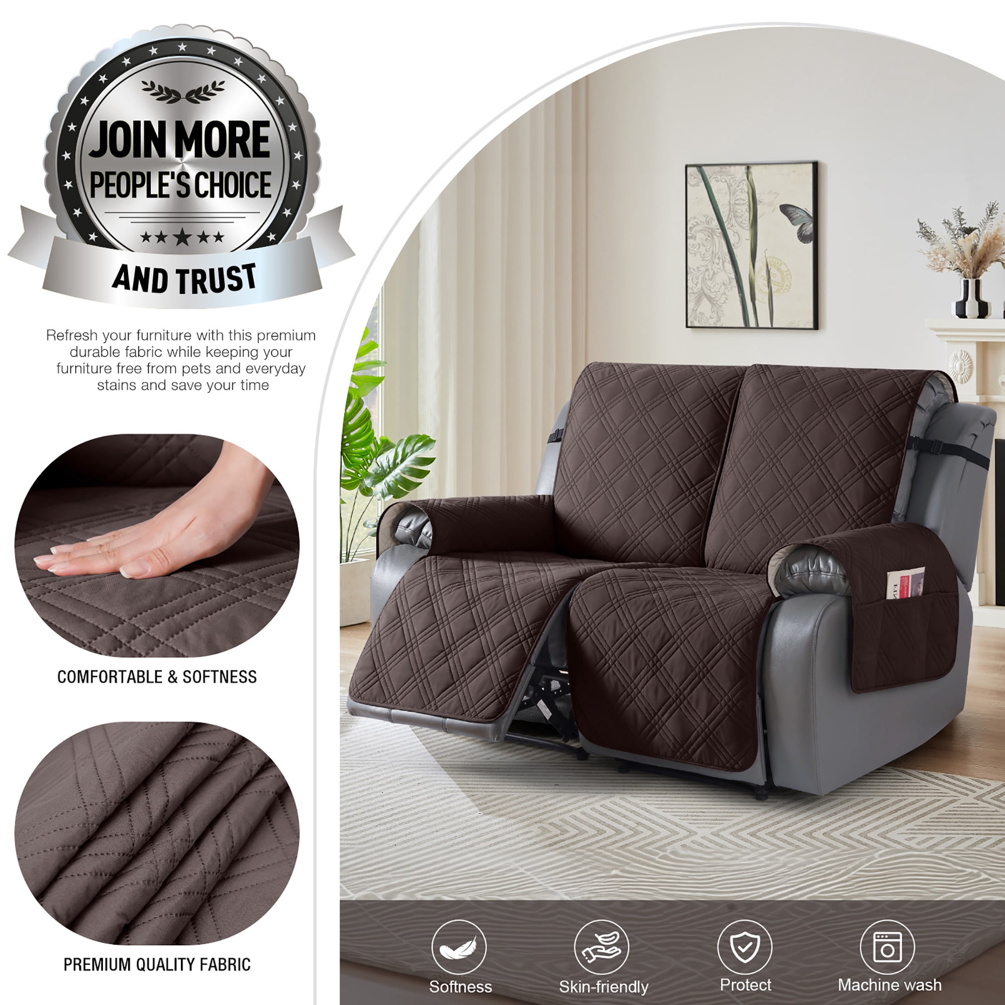 TAOCOCO Waterproof Recliner Couch Covers, Anti-Slip Sofa Slipcovers for Reclining 2 Seater Couch, Split Sofa Cover for Each Seat with Pockets Pets Furniture Protector,Chocolate