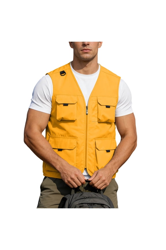 Men Outdoor Photography Vest Pocket Workwear Style Casual Hiking Sleeveless Vest Zipper Solid Color Jacket Tops Fishing Golf Photo Outerwear