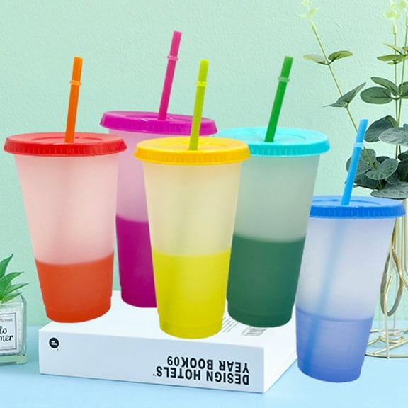 Cheer.US 700ml Tumbler with Straw and Lid,Water Bottle Iced Coffee Travel Mug Cup Color Changing Cups, Reusable Plastic Cold Drink Cups BPA Free Adult Kids Summer Coffee Tumblers Party Cup