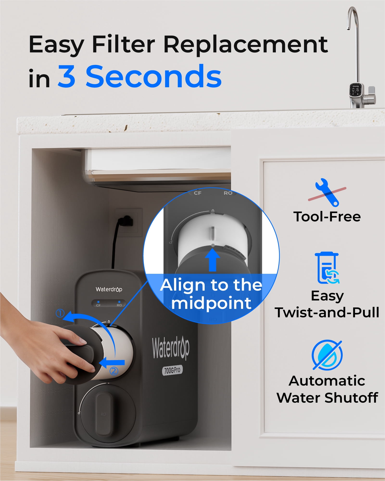 Waterdrop WD-G5P700-Pro-CF Filter, Replacement for WD-G5P700-Pro Undersink Reverse Osmosis System, 6-month Lifetime