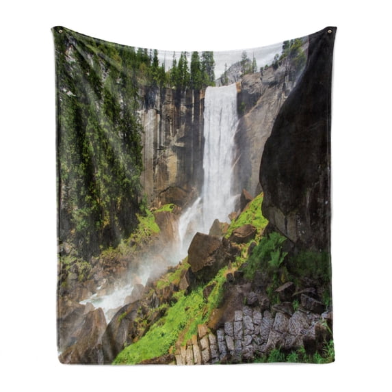 Yosemite Soft Flannel Fleece Blanket, Vernal Fall Yosemite National Park Alpine Forest Rocks Wild Natural Scenic Photo, Cozy Plush for Indoor and Outdoor Use, 50" x 70", White Green, by Ambesonne