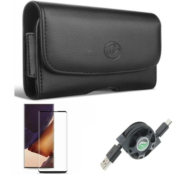Case Belt Clip & USB Cable & Screen Protector for Samsung Galaxy Note 20 Ultra (6.9") - Combo with Leather Swivel & Retractable Type-C & Tempered Glass (Fingerprint Unlock)