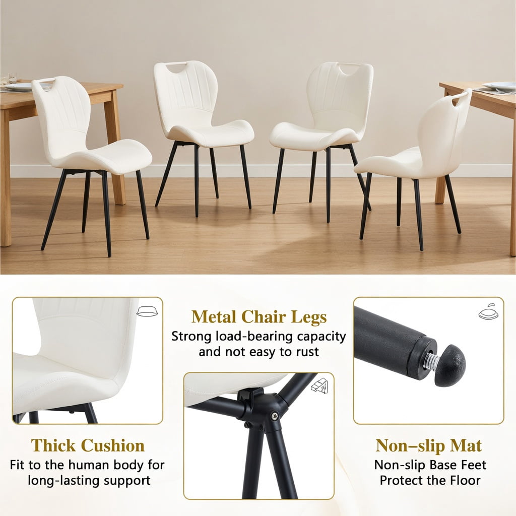 Hommoo Set of 4 PU Leather Dining Chairs with Metal Frame, Ergonomic Wide Cushion, Adjustable Leveling Feet & Integrated Handle for Modern Home, Office & Makeup Use, White