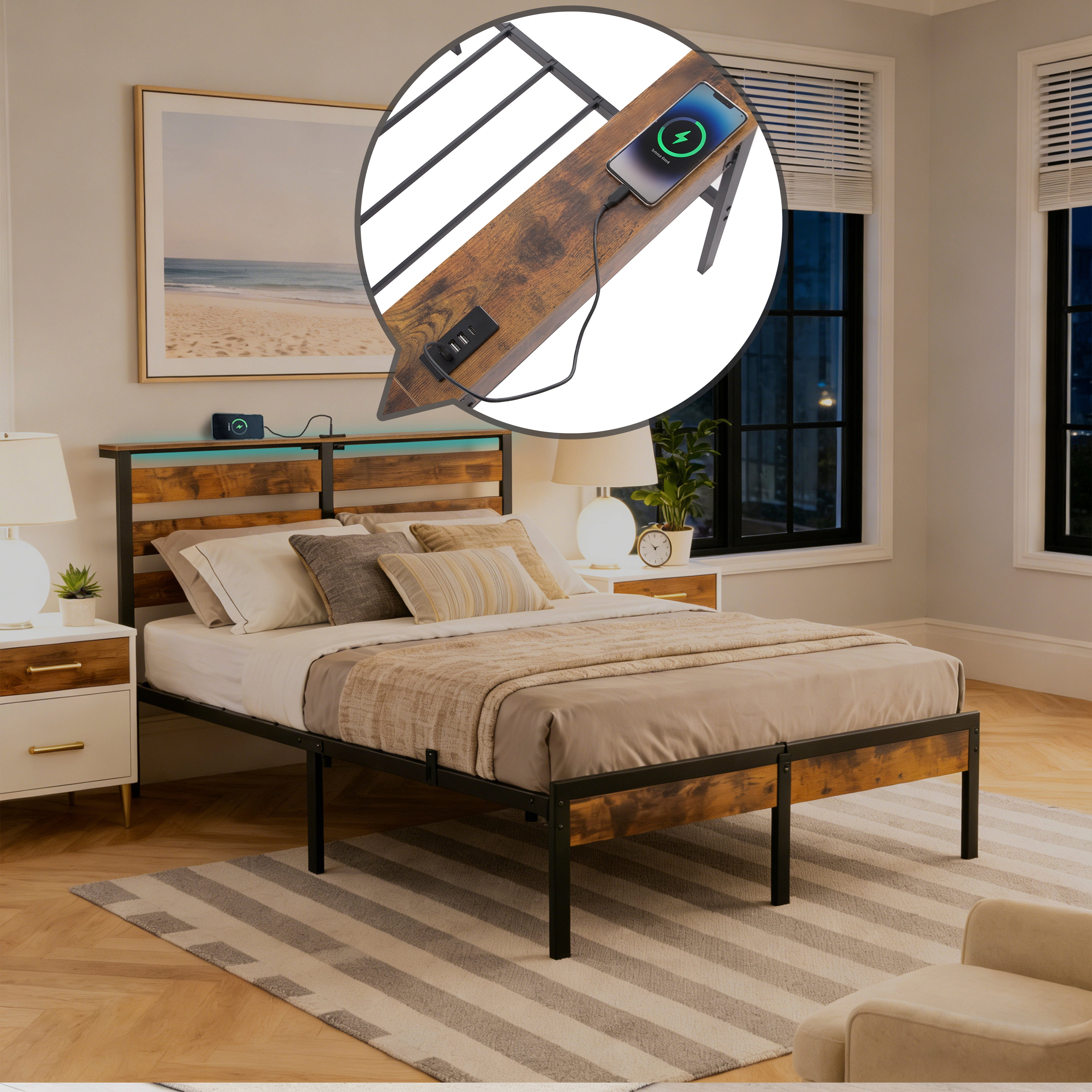 Gewnee FULL Size Metal Bed Frame with RGB Lights and Charging Station, No Box Spring Needed, Spacious Under-Bed Storage, Ideal for Bedrooms, Dorms, and Guest Rooms，Rustic Brown