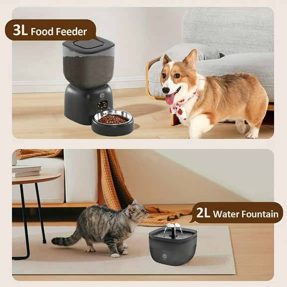 Automatic Cat Feeder with 3L Dry Cat Food Dispenser And 2L Cat Water Fountain, Timed Cat Feeder Automatic Dog Feeder with Portion Control And Daily Meals, Wire/Battery Cat Automatic Feeders In Black