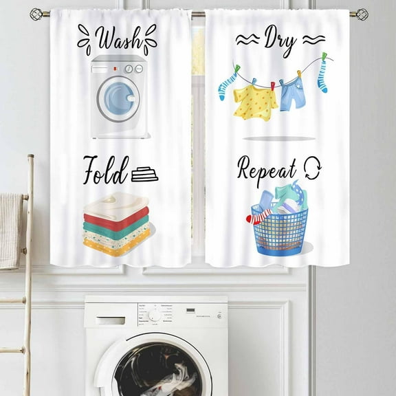 Laundry Room Curtians, Wash Dry Fold Repeat Laundry Quotes Rod Pockets Rural Country Farmhouse Laundry Drapes Treatments for Kitchen Living Room Bedroom Bathroom Windows 2 Panels, 55x39 Inch