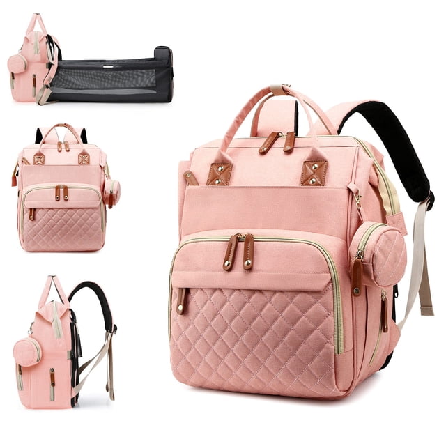 Bolsa de pañales con cambiador, mochila impermeable 3 en 1 para pañales de bebé con cambiador plegable, mochila de viaje grande para bebé niña, rosa melocotón