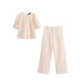 thumbnail image 2 of HH TRAF Conjunto de 2 piezas para mujer, camiseta de un solo pecho con mangas abullonadas y cuello redondo bordado + pantalón de pierna ancha con bolsillo con cremallera sólida para mujer, 2 of 5
