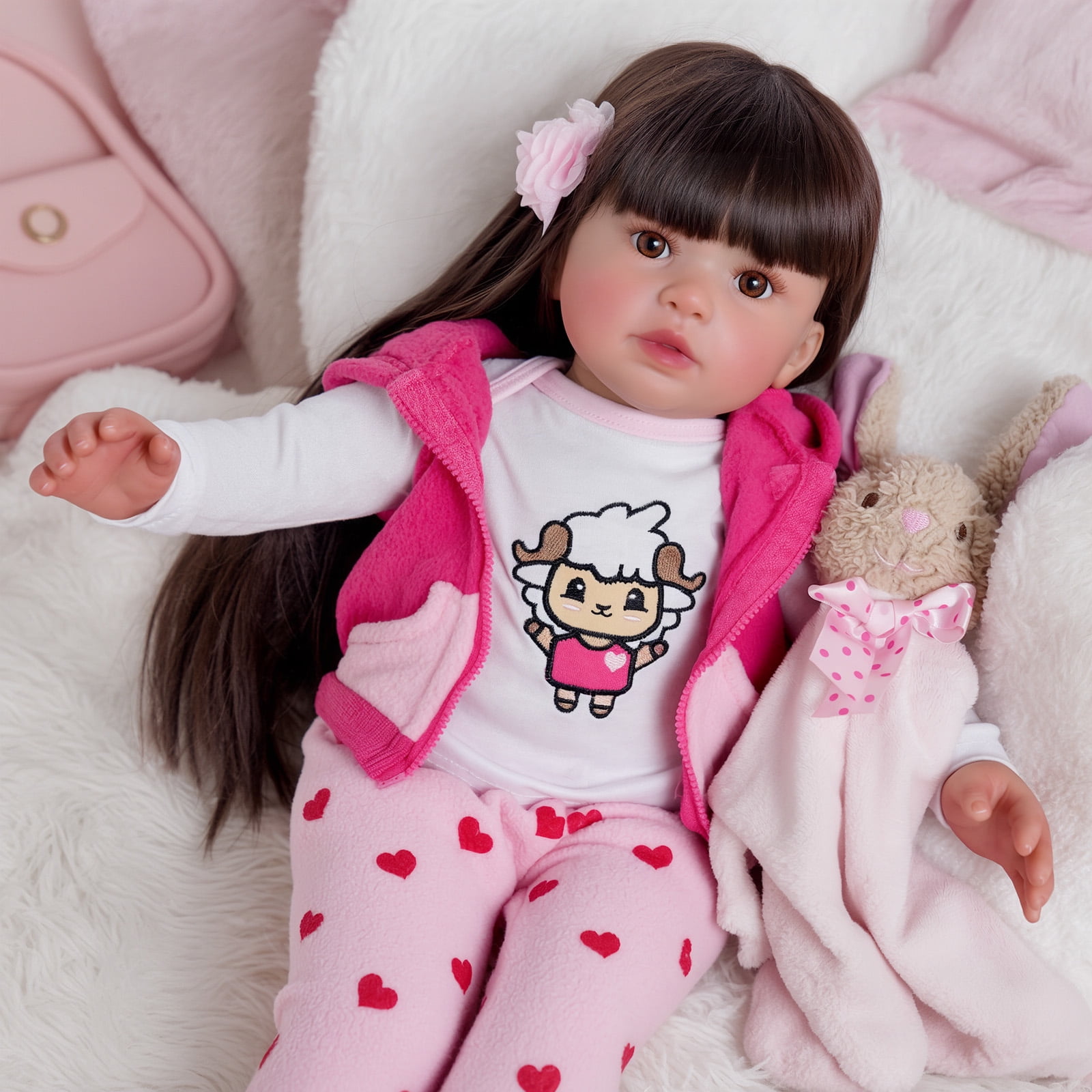RSG Lifelike Reborn Baby Dolls Candy - 22 Inch Baby Doll Long Black Hair Girl Handmade Real Life Dolls with Clothes and Toy Accessories Gift for Kids Age 3+