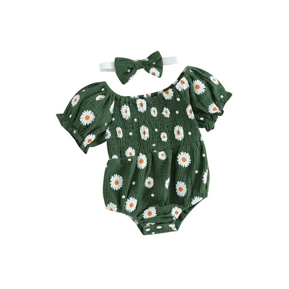 Sylvamorning Newborn Baby Girls Cute Bubble Romper Flower Print Short Sleeve Smocked Bodysuit with Bow Headband 6M 12M 18M 24M Infant Toddler Summer Casual Daily Outfits