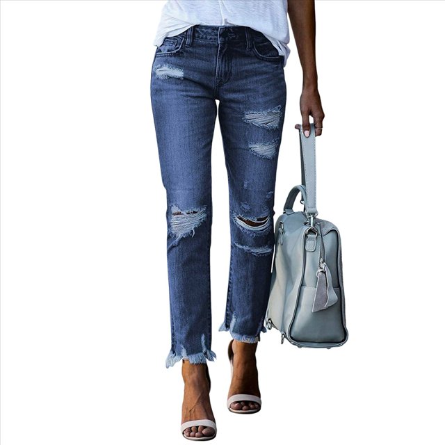 Pantalones Vaqueros Rectos Rotos con Efecto Desgastado para Mujer Azul Oscuro XL