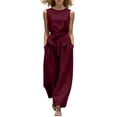 thumbnail image 2 of Idoravan Women Summer 2 Piece Outfits Wide Leg Pants Set Vacation Travel Airport Outfits Women’S Fashion Solid-Color Round Neck Strap Sleeveless Shirts Pocket Pants Sets, 2 of 7