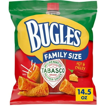 (2Pack) Bugles Tabasco Flavored Crispy Corn Snacks, Hot and Cheesy, Family Size, 14.5 oz