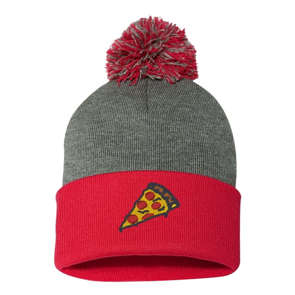 PP-BNE Pizza Slice Pepperoni Embroidery Stitch, Warm Pom Pom Beanie Hat EM-0008-Gray-Red