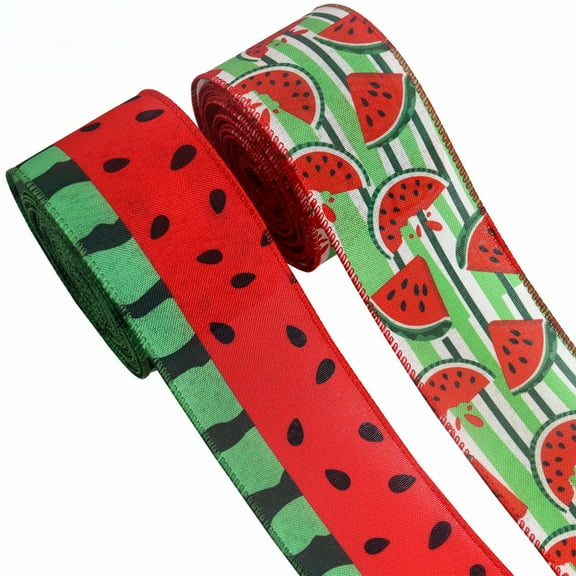 Watermelon Print Craft Ribbon 2 Rolls Summer Wired Edge Ribbon for Farmhouse DIY Wreaths Bow Decoration（Each Roll 2.48in×5yd）