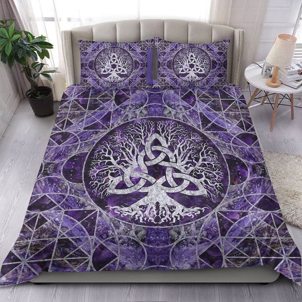 Juego de Cama Vikingo Árbol de la Vida con Triquetra Amatista y Plata Juego de Cama