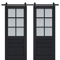 Sturdy Double Barn Door with Frosted Glass | Veregio 7339 Antracite | 13FT Rail Hangers Heavy Set | Solid Panel Interior Doors-64" x 80" (2* 32x80)-Black Rail