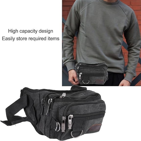 Black Fanny Pack, Canvas Bags, Large Capacity Multilayer Fanny Pack with Multi Layer Structure for Sports Festival Running, Summer Casual Outdoor Sports Waist Bag with Adjustable Shoulder Strap