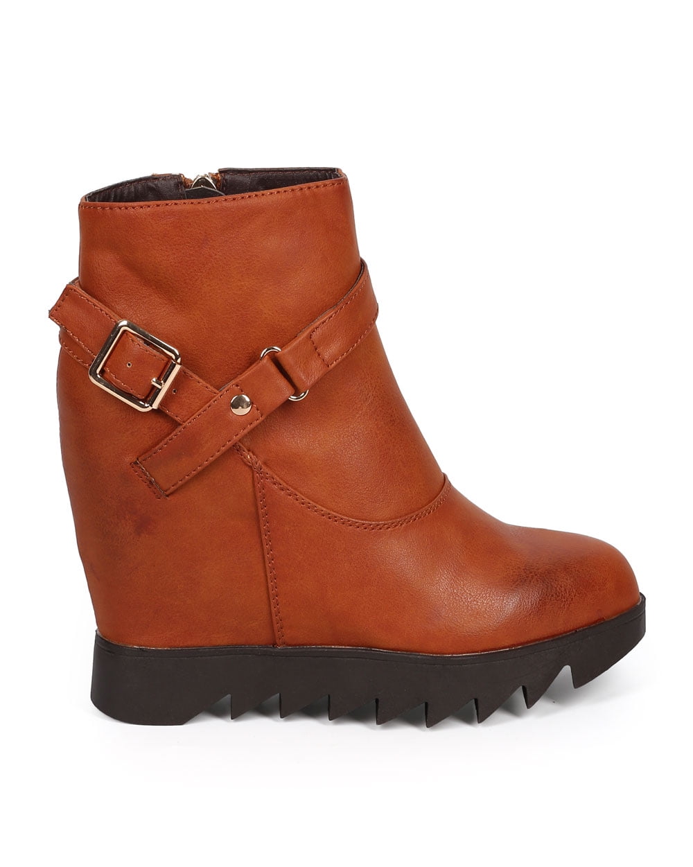 Women Leatherette Lug Sole Buckle Strap Wedge Riding Bootie DJ88 Camel Leatherette Women Leatherette Lug Sole Buckle Strap Wedge Riding Bootie DJ88 Camel Leatherette
