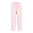 thumbnail image 6 of Women Summer Gingham Plaid Elastic Drawstring Waist Jogger Pants, Snap Button Loose Ankle Cropped Trousers with Side Pockets Beach Vacation Loungewear Casual Bottoms Pink S(S), 6 of 8