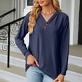 thumbnail image 2 of Women V Neck Blouse Long Sleeve Textured Jacquard Button Front Decoration Pullover Top Navy Blue M, 2 of 6