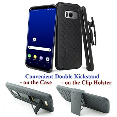 for 6.2" Samsung Galaxy S8 + PLUS Case Belt Clip Holster Phone Case 2 Kick Stand Slip Resistant Grids Rugged Bumper Cover Black
