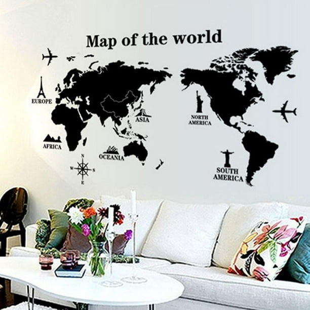TB&W Autocollant mural carte du monde en PVC, impression
