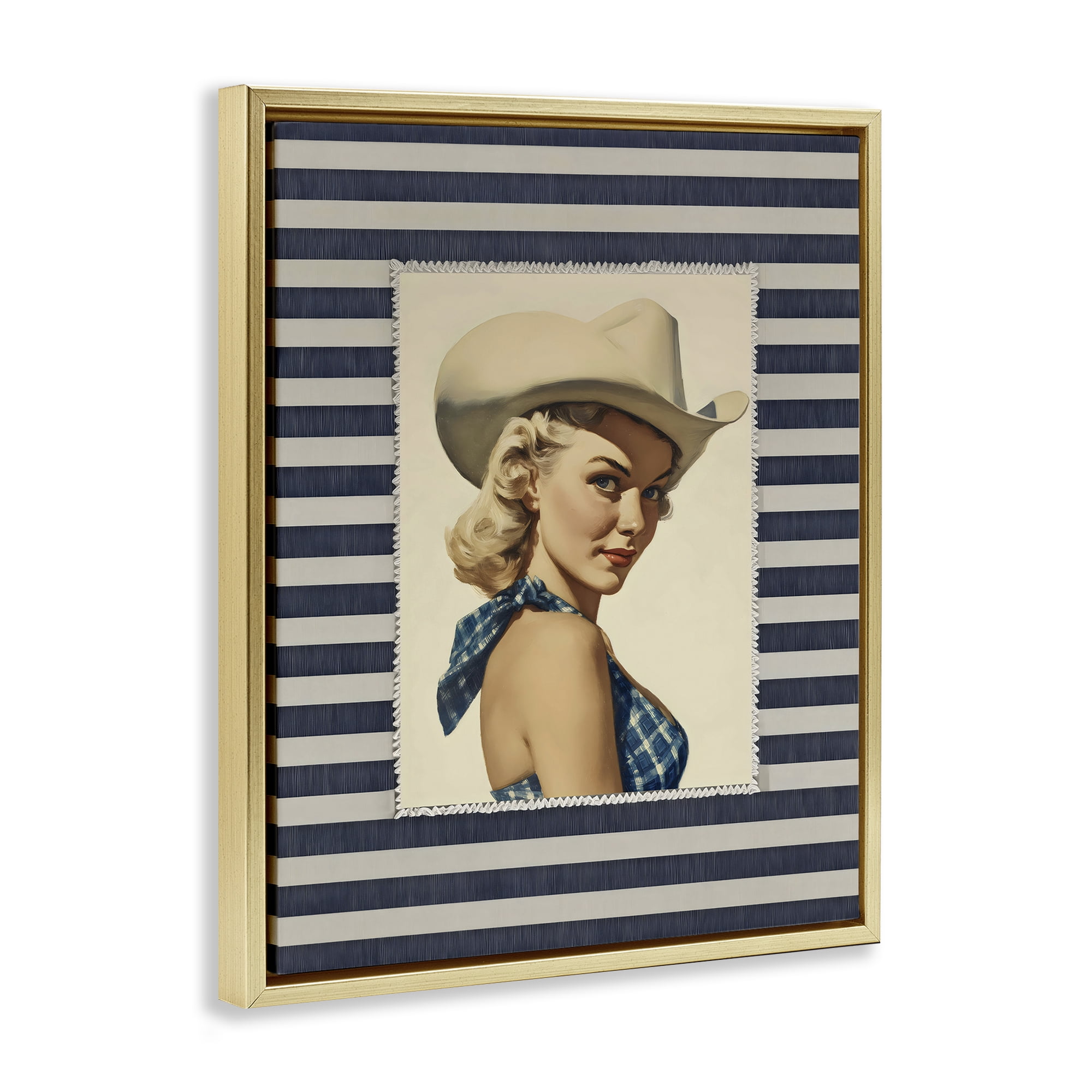 Stupell Industries Retro Cowgirl Stripes Gold Framed Floater Canvas Wall Art, design by Arlington Prints
