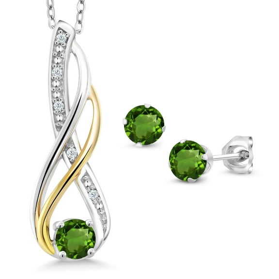 Gem Stone King 925 Sterling Silver and 10K Yellow Gold Green Tourmaline and White Diamond Pendant Earrings Set for Women (0.79 Cttw, with 18 inch Chain)