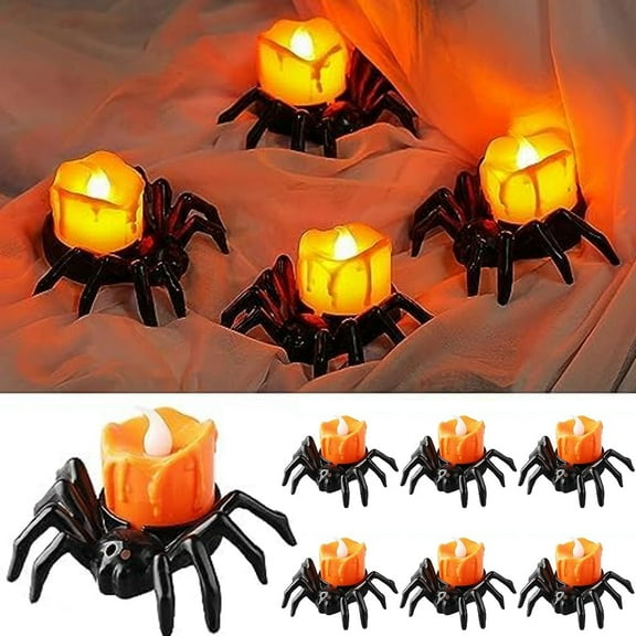 12 PCS Spider Lights Candles, LED Flameless Candles, Battery Operated Lights, Halloween Candle Holder, Spooky Spider Tea Lights for Table Decor