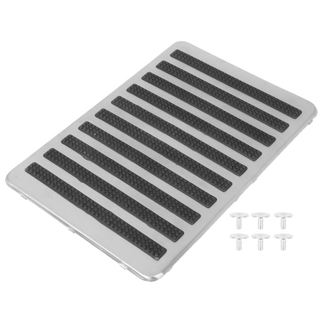 Universal Car Floor Carpet Mat Patch Heel Scuff Plate Foot Rest Pedal Pad made of stainless steel and TPR material. The rectangular plate features a black surface with textured anti-slip strips and comes with six screws for installation. Designed for the driving position, it measures 23.2x15.8x1cm (9.13x6.22x0.39 inches) and fits most car models. Easy to install without drilling.