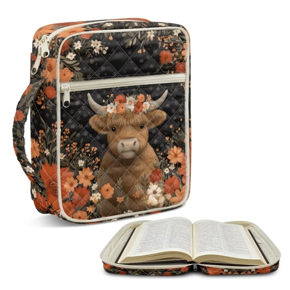 FOR U DESIGNS Highland Cattle Flower Print Bible Cover for Women Men Lightweight Bible Holder Case Reusable Bible Carrier Tote Bag Bible Protective with Handle and Zipper