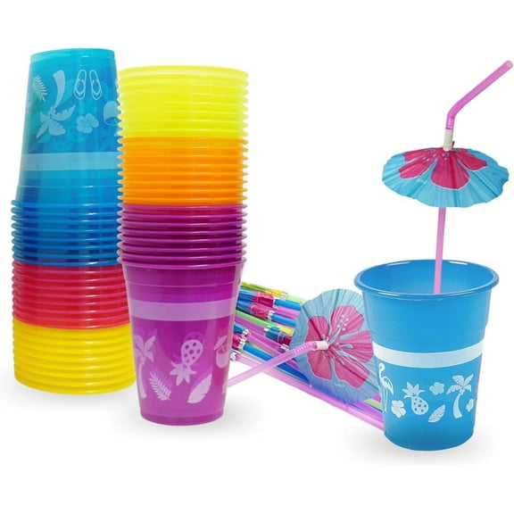 4E's Novelty 48 Pack Tropical Party Cups with Parasol Straws, Luau Party Supplies for Hawaiian Decor