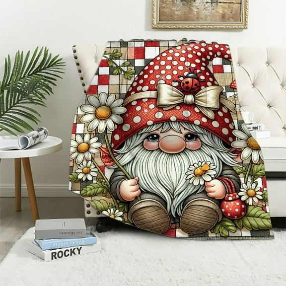 Sheronv Gnome Daisy Ladybug Warm Lightweight Fleece Blanket for All Seasons, Soft Flannel Fabric Throw Blanket Living Room Sofa Decor, Cow Gifts Blanket, Super Soft and Long-Lasting Blanket 40x50in